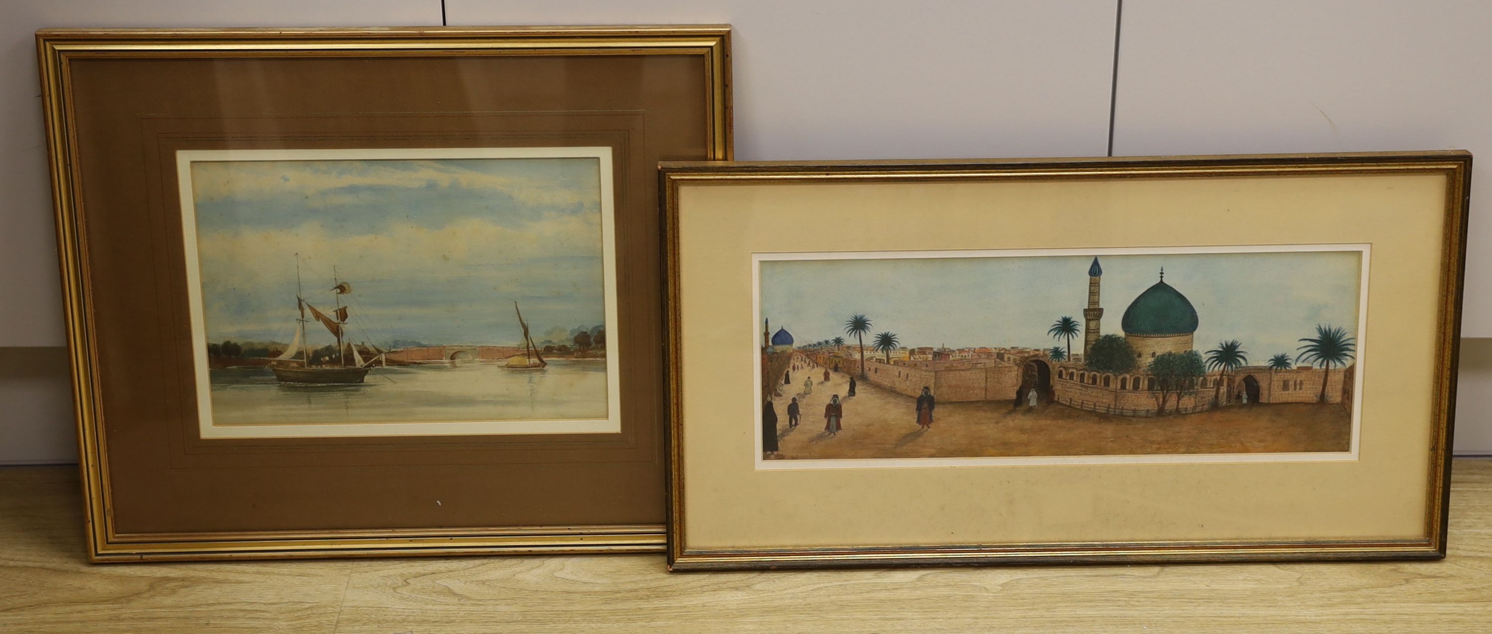 CHM, watercolour, View of a North African town, initialled, 16 x 45cm and a watercolour of the River Orwell, near Ipswich by J. Harrison, 21 x 30cm